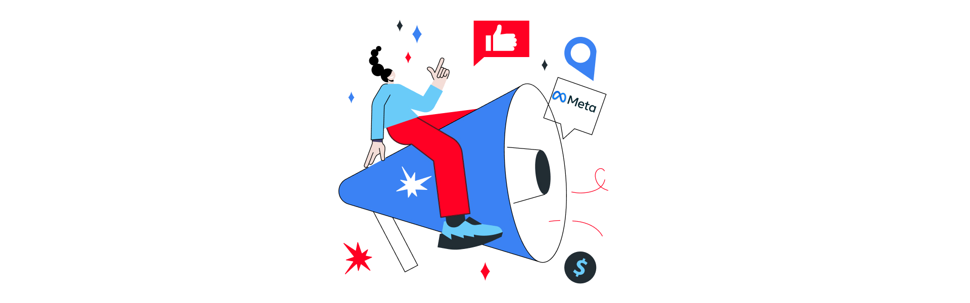 META ads doodle with lady on a blue horn 